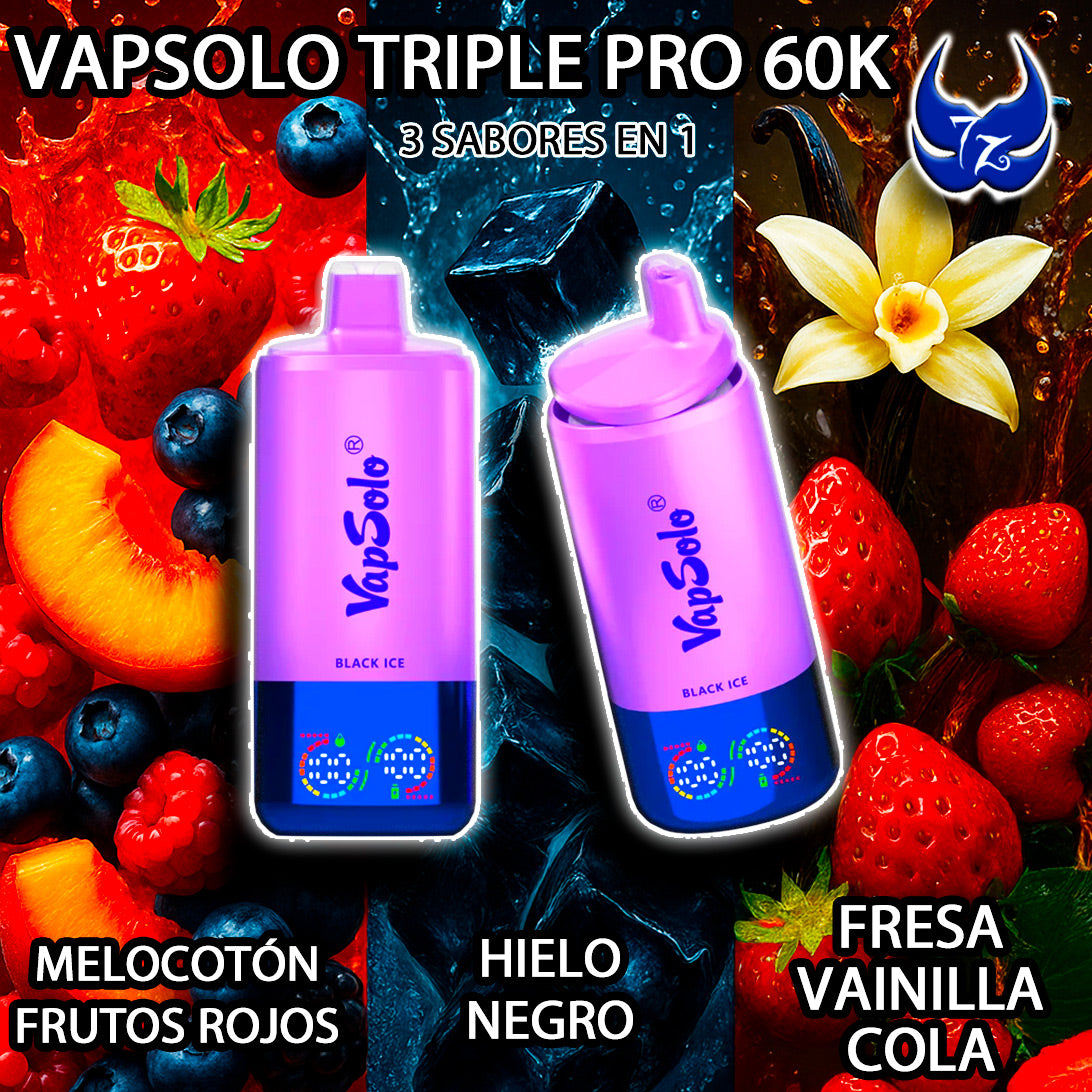 VapSolo Triple Pro 60K – Melocotón Frutos Rojos · Hielo Negro · Fresa Vainilla Cola
