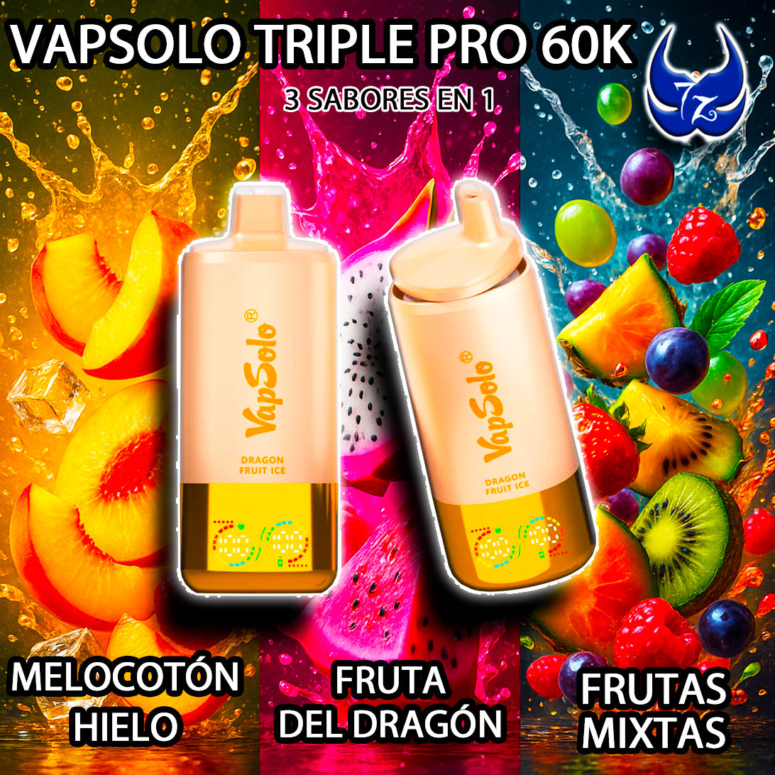VapSolo Triple Pro 60K – Melocotón Hielo · Fruta del Dragón · Frutas Mixtas