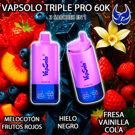 VapSolo Triple Pro 60K – Melocotón Frutos Rojos · Hielo Negro · Fresa Vainilla Cola
